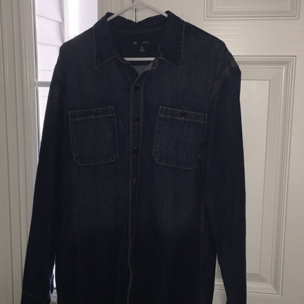 Mens Gap Clothing Dark Denim Blue Jean Faded Print work shirt vintage style XL
